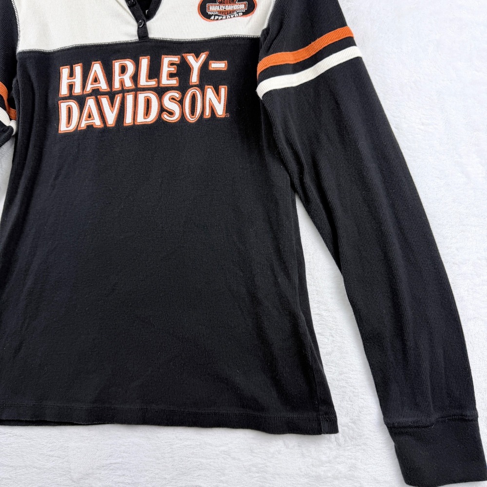 Harley-Davidson Colorblock Henley Long Sleeve Biker Graphic Shirt Black Orange M - Picture 3 of 11